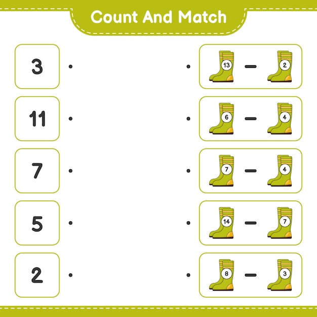 Count and match count the number of rubber boots and match with the right numbers