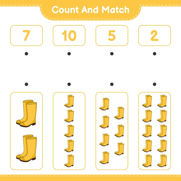 고무 장화의 수를 세고 일치시키고 올바른 숫자와 일치시킵니다.