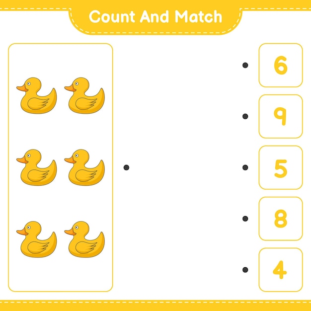 Conta e abbina, conta il numero di rubber duck e abbina i numeri giusti. gioco educativo per bambini, foglio di lavoro stampabile, illustrazione vettoriale