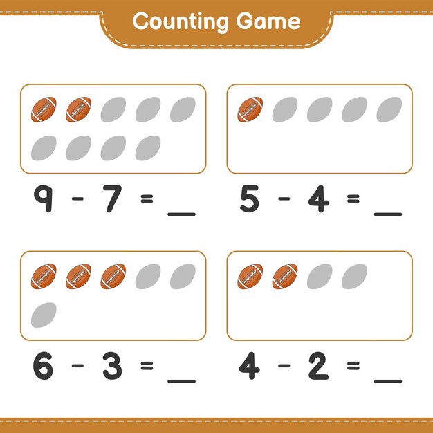 Count and match count the number of rugby ball and match with the right numbers educational children game printable worksheet vector illustration
