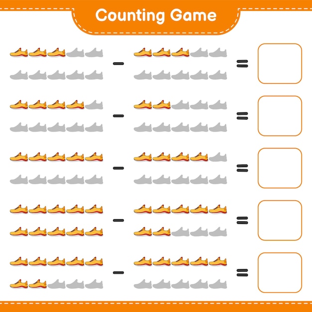 Count and match count the number of running shoes and match with the right numbers educational children game printable worksheet vector illustration