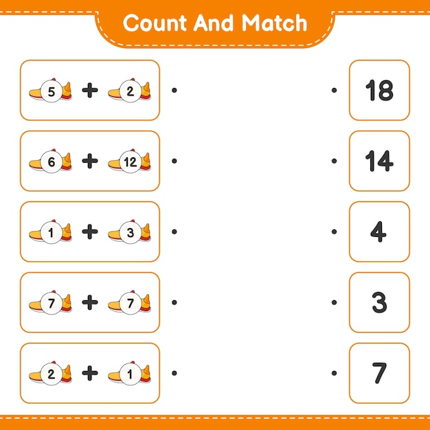운동화의 수를 세고 일치시키고 올바른 숫자와 일치 교육용 어린이 게임 인쇄용 워크 시트 벡터 일러스트 레이션
