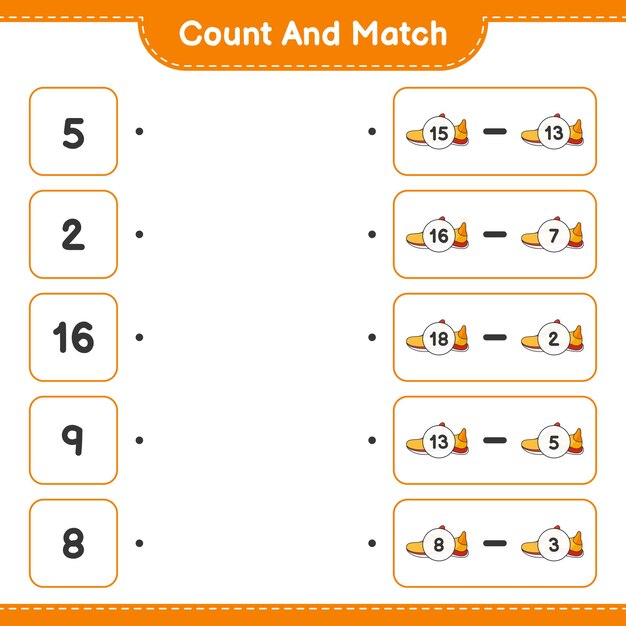 Count and match count the number of Running Shoes and match with the right numbers Educational children game printable worksheet vector illustration