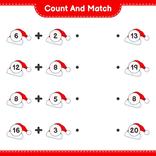 Count and match, count the number of Santa Hat and match with the right numbers. Educational children game, printable worksheet, vector illustration