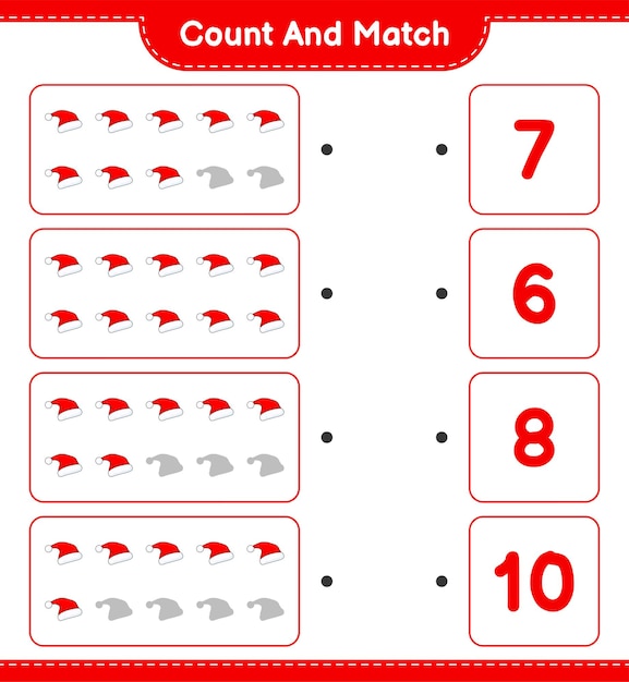 Count and match, count the number of santa hat and match with the right numbers. educational children game, printable worksheet, vector illustration