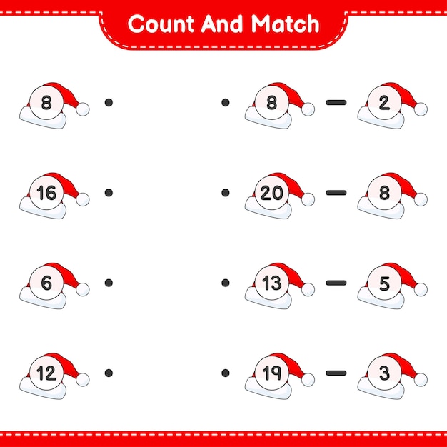 Count and match count the number of Santa Hat and match with the right numbers Educational children game printable worksheet vector illustration