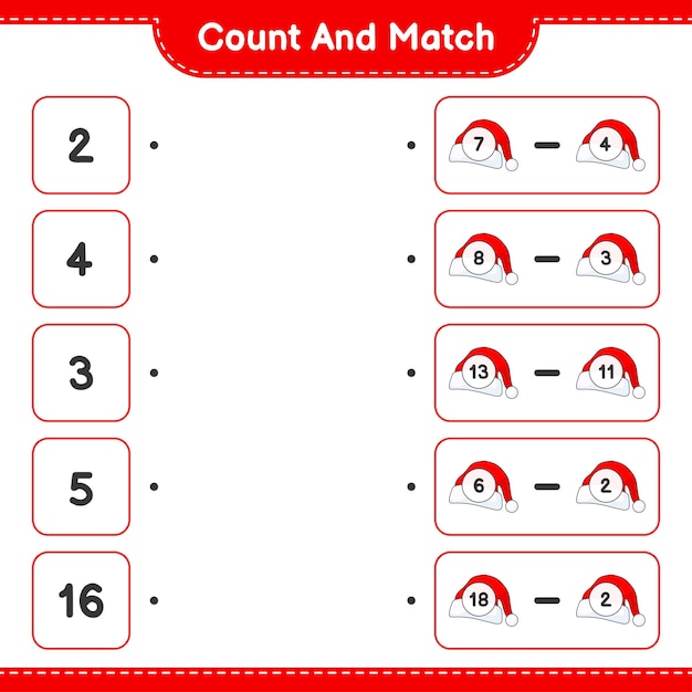 Count and match count the number of Santa Hat and match with the right numbers Educational children game printable worksheet vector illustration