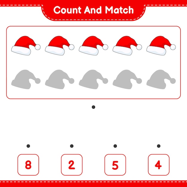 カウントして一致サンタハットの数を数え、正しい数と一致教育の子供たちのゲームの印刷可能なワークシートのベクトル図