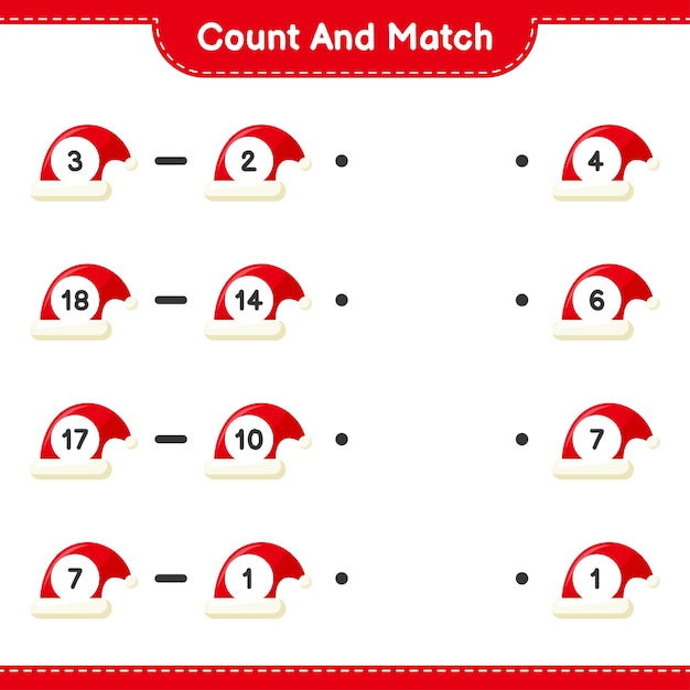 Count and match, count the number of Santa Hat and match with right numbers. Educational children game 