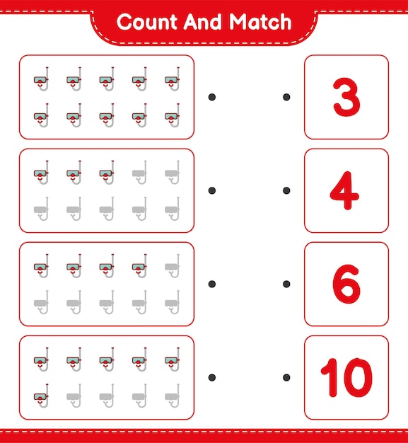 Count and match, count the number of Scuba Diving Mask and match with the right numbers. Educational children game, printable worksheet, vector illustration