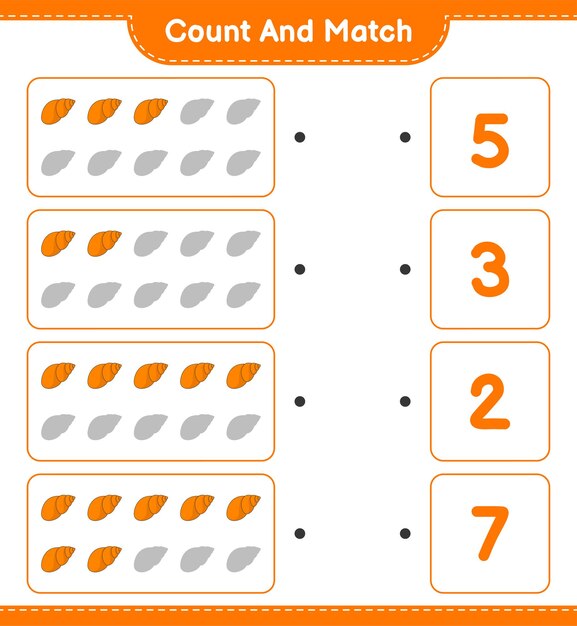 Conta e abbina, conta il numero di conchiglie e abbina con i numeri giusti. gioco educativo per bambini, foglio di lavoro stampabile, illustrazione vettoriale