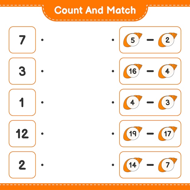 Count and match, count the number of Sea Shells and match with the right numbers. Educational children game, printable worksheet, vector illustration