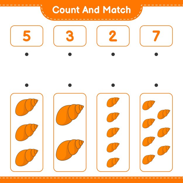 Conta e abbina, conta il numero di conchiglie e abbina con i numeri giusti. gioco educativo per bambini, foglio di lavoro stampabile, illustrazione vettoriale