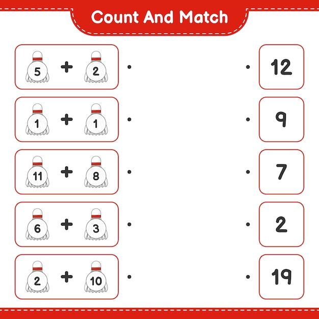 Count and match count the number of Shuttlecock and match with the right numbers Educational children game printable worksheet vector illustration