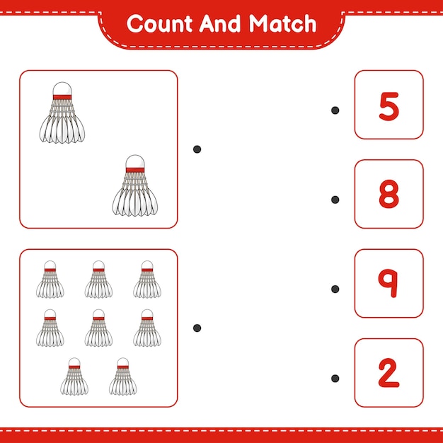 Count and match count the number of shuttlecock and match with the right numbers educational children game printable worksheet vector illustration