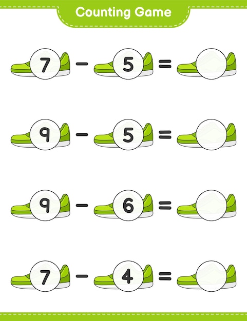 Count and match count the number of sneaker and match with the right numbers educational children game printable worksheet vector illustration