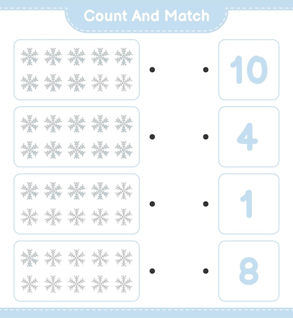 Conta e abbina, conta il numero di snowflake e abbina i numeri giusti. gioco educativo per bambini, foglio di lavoro stampabile, illustrazione vettoriale