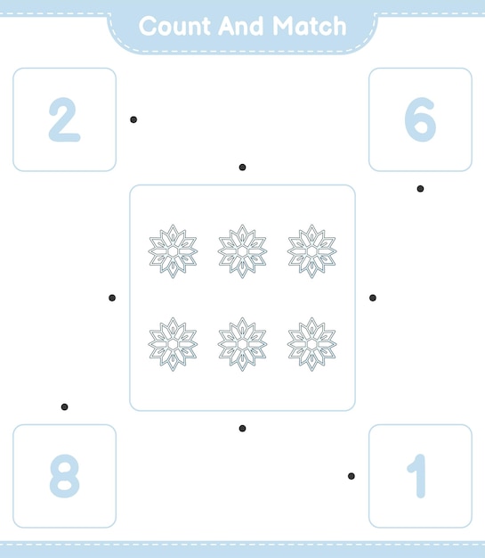 Подсчитайте и сопоставьте, подсчитайте количество снежинок и сопоставьте с правильными числами Образовательная детская игра для печати векторная иллюстрация листа