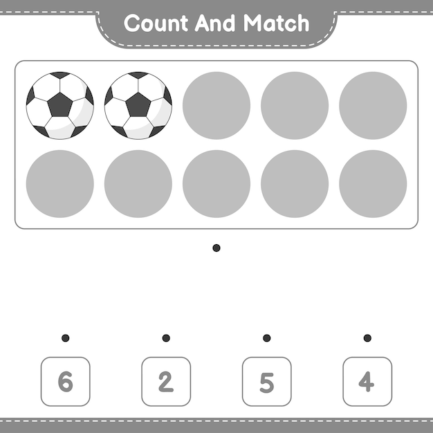 カウントして一致サッカーボールの数を数え、正しい数と一致する教育的な子供たちのゲームの印刷可能なワークシートのベクトル図