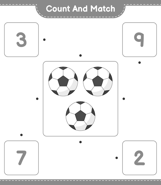 Conta e abbina conta il numero di palloni da calcio e abbina i numeri giusti illustrazione vettoriale del foglio di lavoro stampabile del gioco educativo per bambini