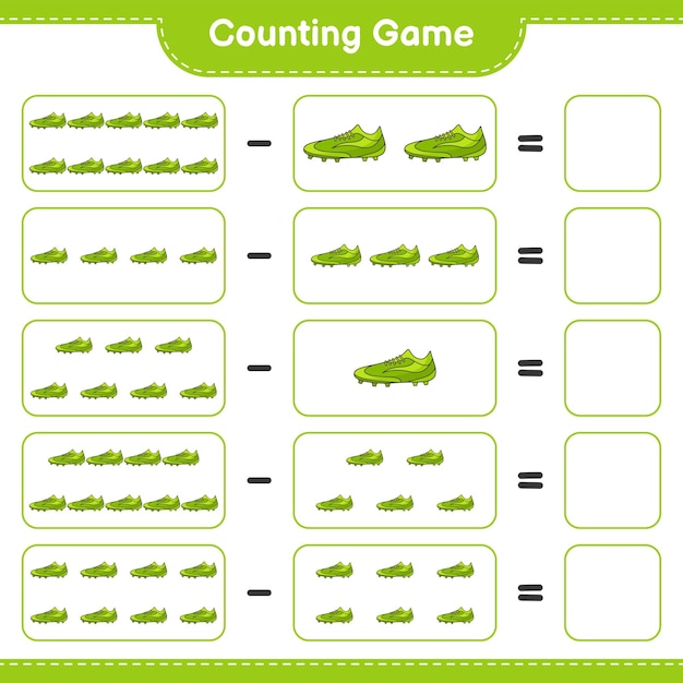 サッカーシューズの数を数え、一致させ、正しい数と一致させます教育の子供たちのゲームの印刷可能なワークシートのベクトル図