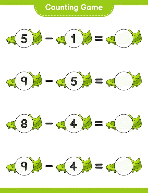 Count and match count the number of soccer shoes and match with the right numbers educational children game printable worksheet vector illustration