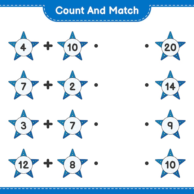 Count and match, count the number of Starfish and match with the right numbers. Educational children game, printable worksheet, vector illustration