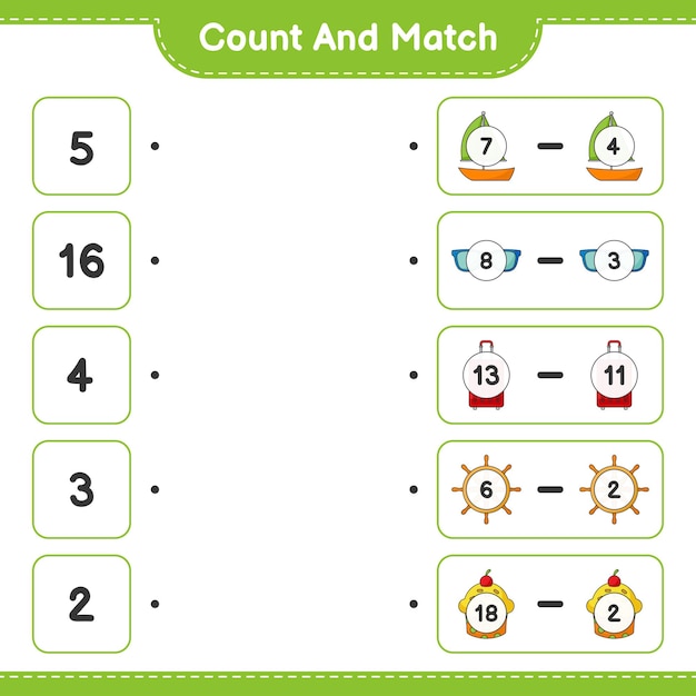 Count and match, count the number of Steering, Cup Cake, Sailboat, Sunglasses, Bag and match with the right numbers. Educational children game, printable worksheet, vector illustration