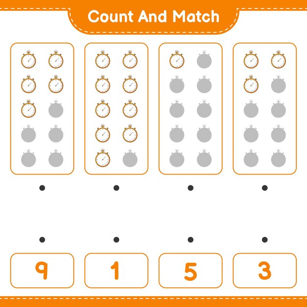 Count and match count the number of stopwatch and match with the right numbers educational children game printable worksheet vector illustration