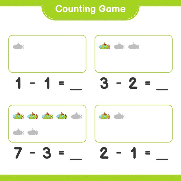 Count and match, count the number of Submarine and match with the right numbers. Educational children game, printable worksheet, vector illustration