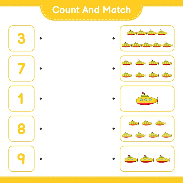 세고 일치시키고, 잠수함의 수를 세고, 올바른 숫자와 일치시킵니다. 교육용 어린이 게임, 인쇄용 워크 시트, 벡터 일러스트