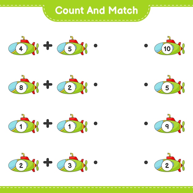 Count and match, count the number of Submarine and match with the right numbers. Educational children game, printable worksheet