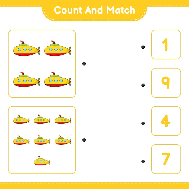 Count and match count the number of Submarine and match with the right numbers