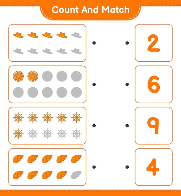 Count and match count the number of Summer Hat Orange Ship Steering Wheel Sea Shells