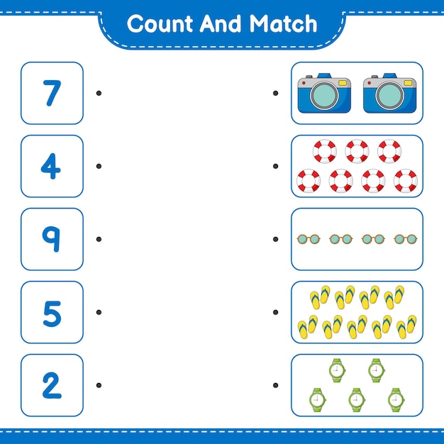 Conta e abbina, conta il numero di occhiali da sole, infradito, orologi, fotocamera, salvagente e abbina con i numeri giusti. gioco educativo per bambini, foglio di lavoro stampabile, illustrazione vettoriale