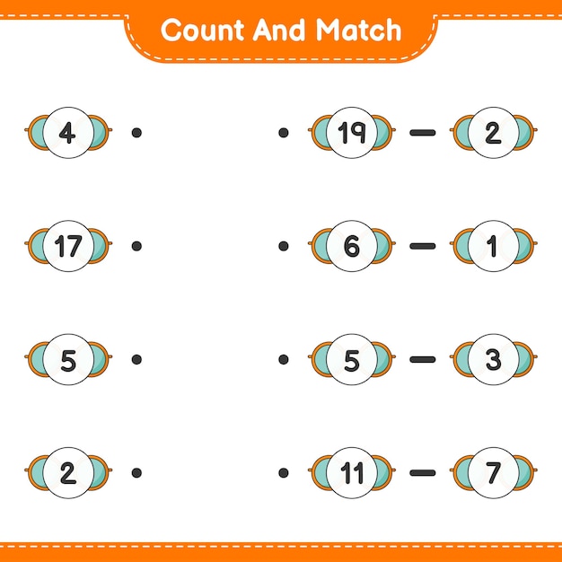 세어보고 일치하고 선글라스의 수를 세고 올바른 숫자와 일치시킵니다. 교육 어린이 게임, 인쇄용 워크시트, 벡터 일러스트 레이 션