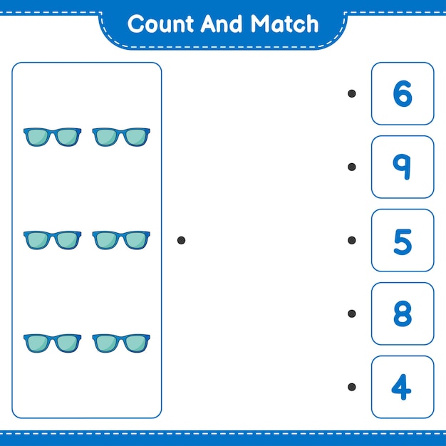 Conta e abbina, conta il numero di occhiali da sole e abbina con i numeri giusti. gioco educativo per bambini, foglio di lavoro stampabile, illustrazione vettoriale