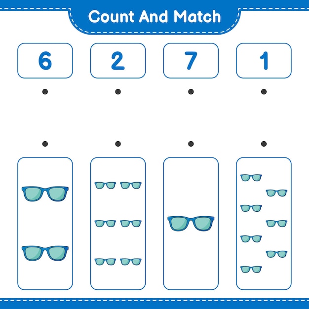 Count and match, count the number of Sunglasses and match with the right numbers. Educational children game, printable worksheet, vector illustration