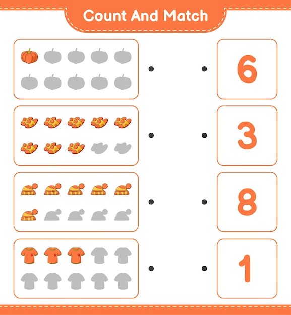 Count and match, count the number of T-shirt, Slippers, Pumpkin, Hat and match with the right numbers. Educational children game, printable worksheet, vector illustration