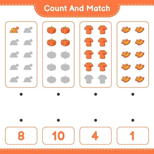 Count and match, count the number of t-shirt, slippers, pumpkin, hat and match with the right numbers. educational children game, printable worksheet, vector illustration