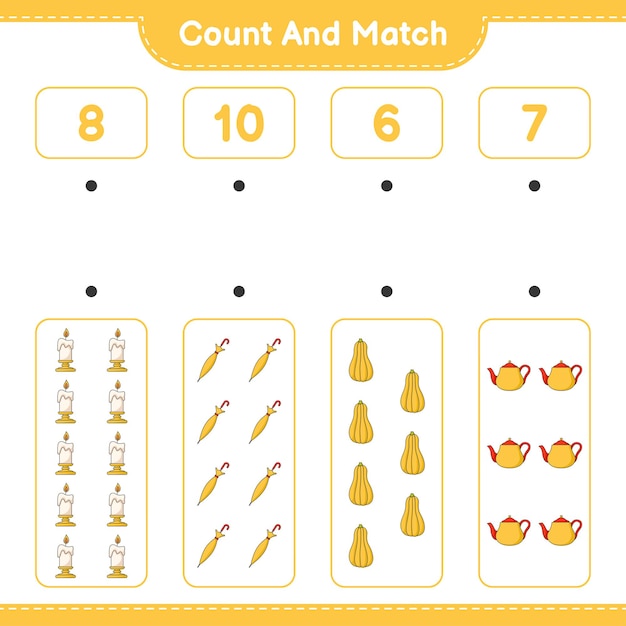 Count and match, count the number of Teapot, Candle, Butternut Squash, Umbrella and match with the right numbers. Educational children game, printable worksheet, vector illustration