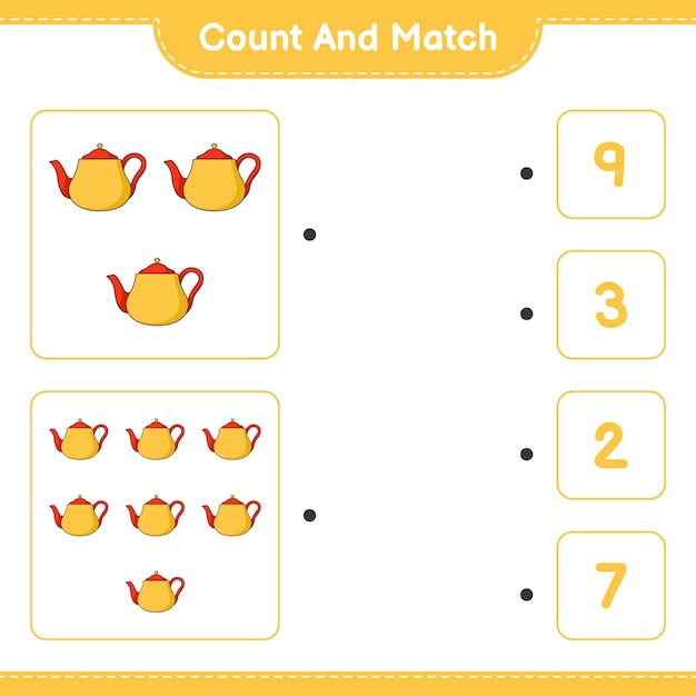 Подсчитайте и сравните, подсчитайте количество Чайников и сравните с правильными числами. Развивающая детская игра, лист для печати, векторные иллюстрации