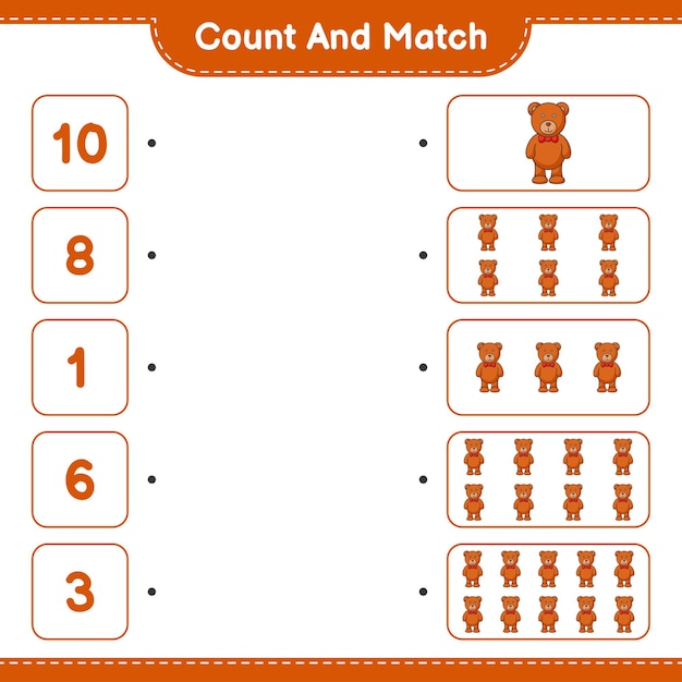 Conta e abbina, conta il numero di teddy bear e abbina con i numeri giusti. gioco educativo per bambini, foglio di lavoro stampabile, illustrazione vettoriale