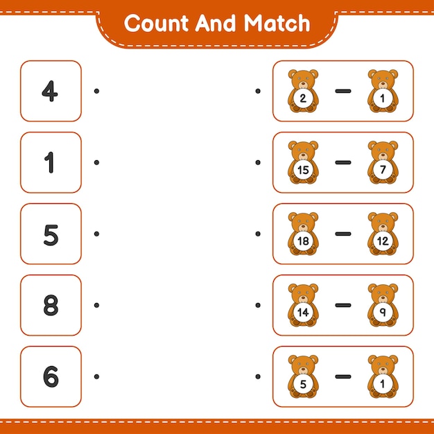 Conta e abbina, conta il numero di teddy bear e abbina con i numeri giusti. gioco educativo per bambini, foglio di lavoro stampabile, illustrazione vettoriale