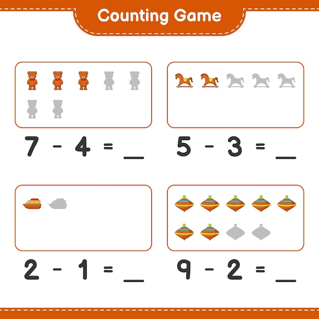 테디베어, 흔들 목마, 보트, 소용돌이 장난감의 수를 세고 짝짓기하고 올바른 숫자와 짝을 맞추세요. 교육 어린이 게임, 인쇄용 워크시트, 벡터 일러스트 레이 션