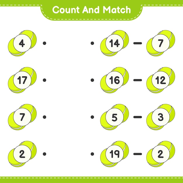 Count and match count the number of tennis ball and match with the right numbers educational children game printable worksheet vector illustration