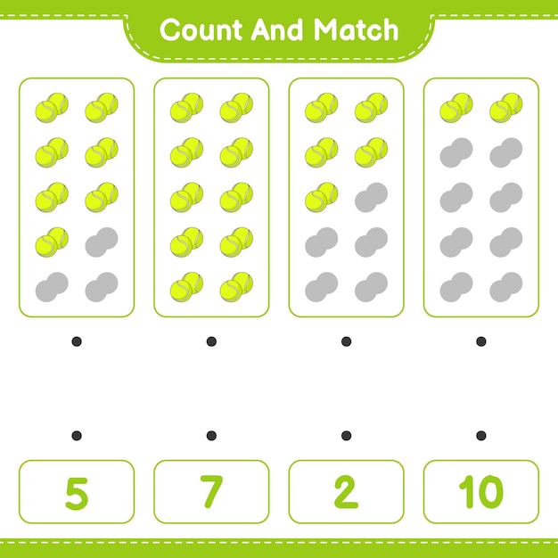 테니스 공의 수를 세고 일치시키고 올바른 숫자와 일치 교육용 어린이 게임 인쇄용 워크 시트 벡터 일러스트 레이션