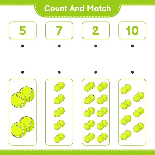 Count and match count the number of Tennis Ball and match with the right numbers Educational children game printable worksheet vector illustration