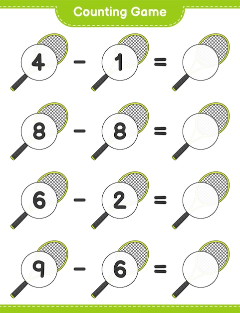 Count and match count the number of Tennis Racket and match with the right numbers Educational children game printable worksheet vector illustration