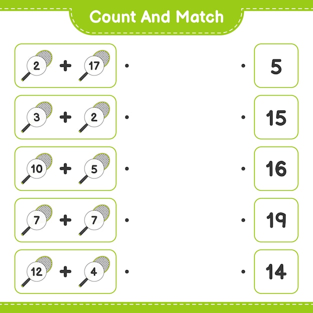 Count and match count the number of Tennis Racket and match with the right numbers Educational children game printable worksheet vector illustration